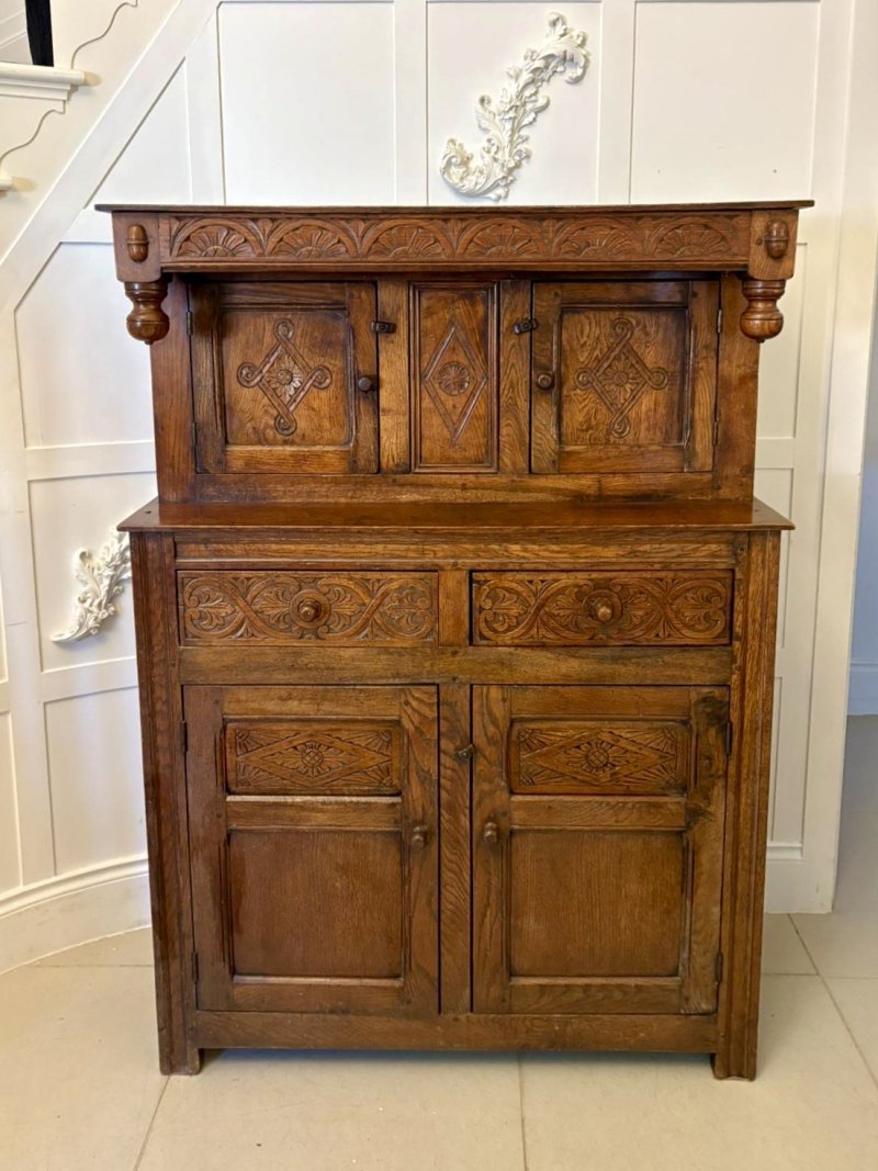 Quality Antique Carved Oak Court Cupboard with Ipswich Carving